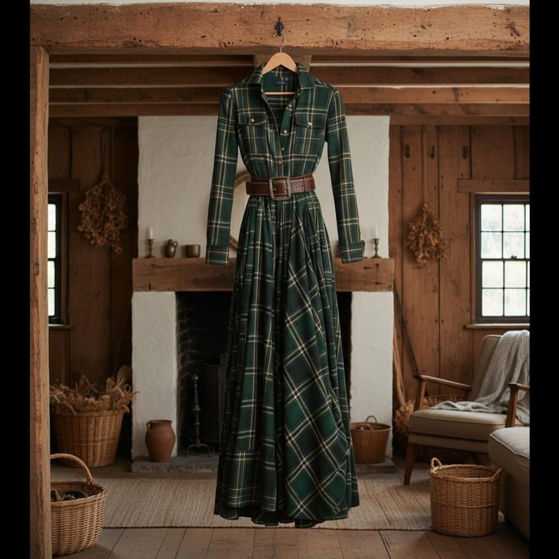Vintage Green Plaid Inspired Belted Cottagecore Autumn Winter Long Sleeve Button-up Shirt Maxi Dress