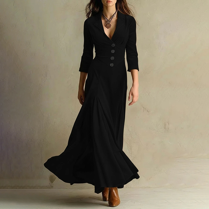 Vintage Solid Color Button Lapel Velvet Maxi Dress