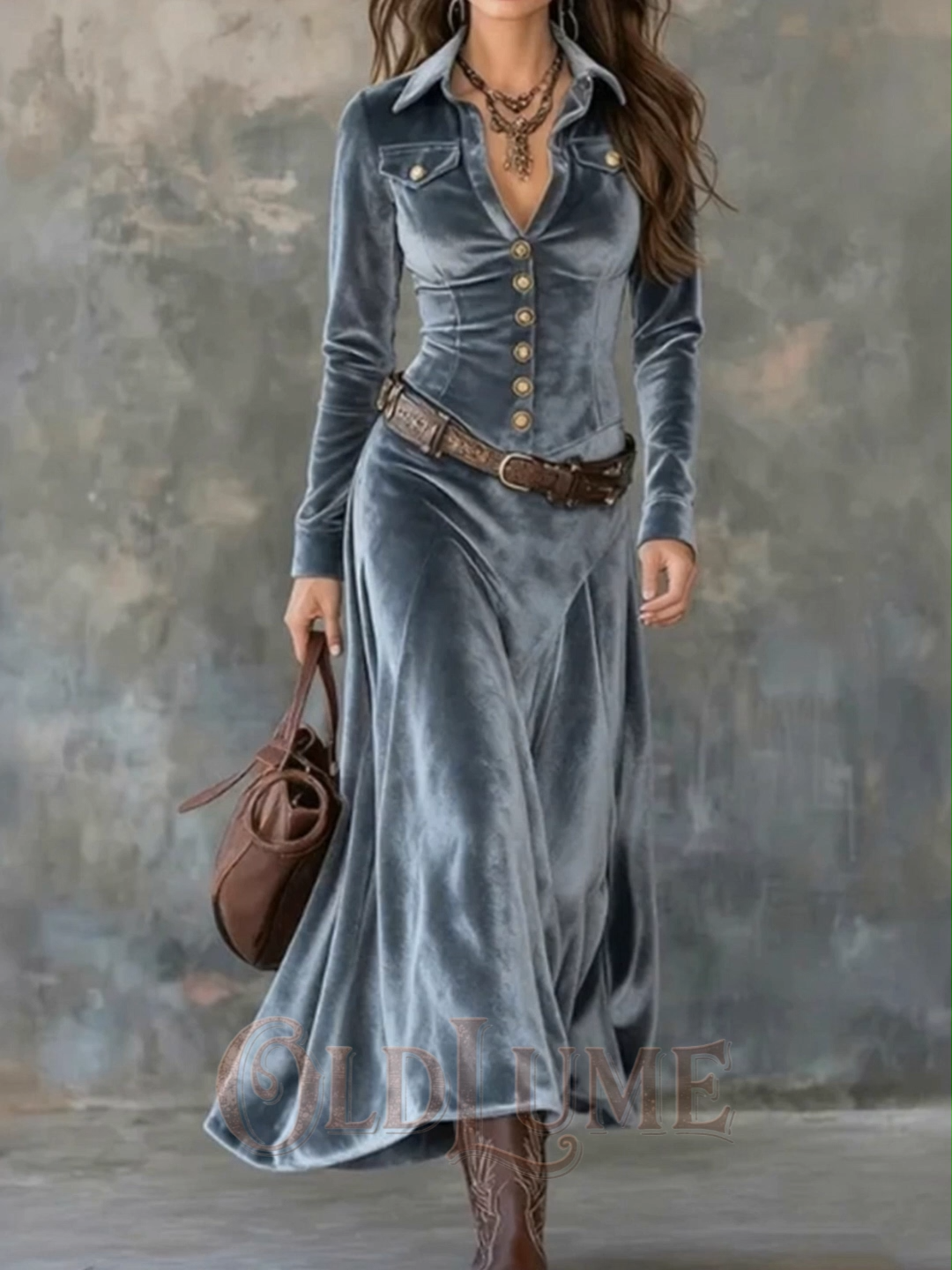 Vintage Velvet Flowy With Belt Maxi Dress