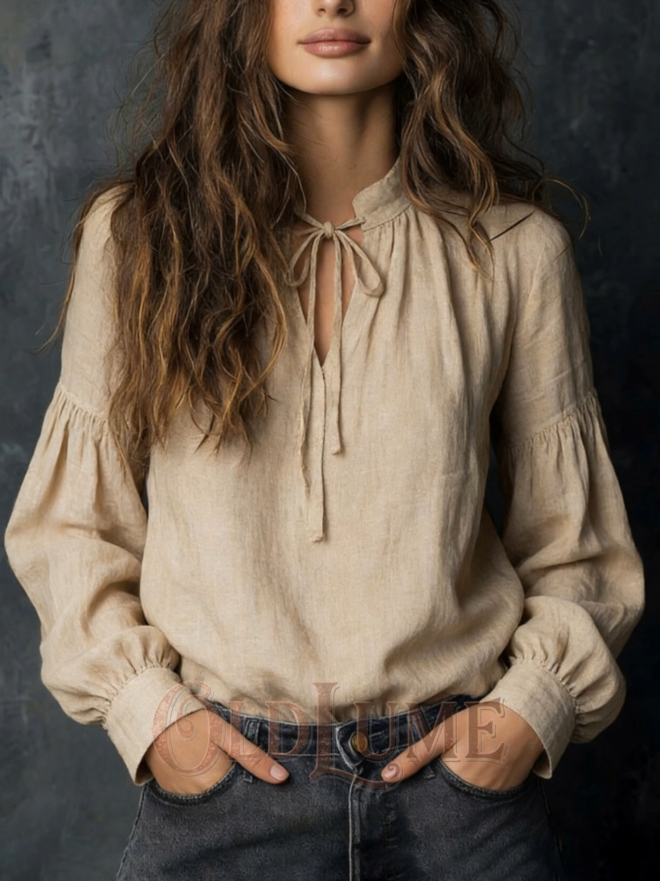 Vintage Cotton Linen Tied Long Sleeve Shirt