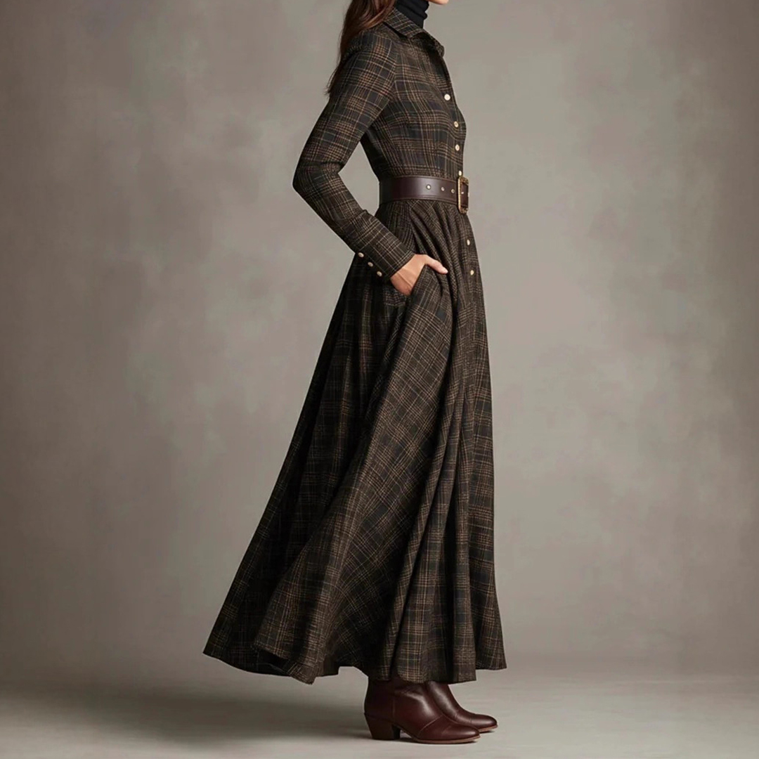 Vintage Plaid Inspired Autumn Winter Long Sleeve Button-up Shirt Maxi Dress