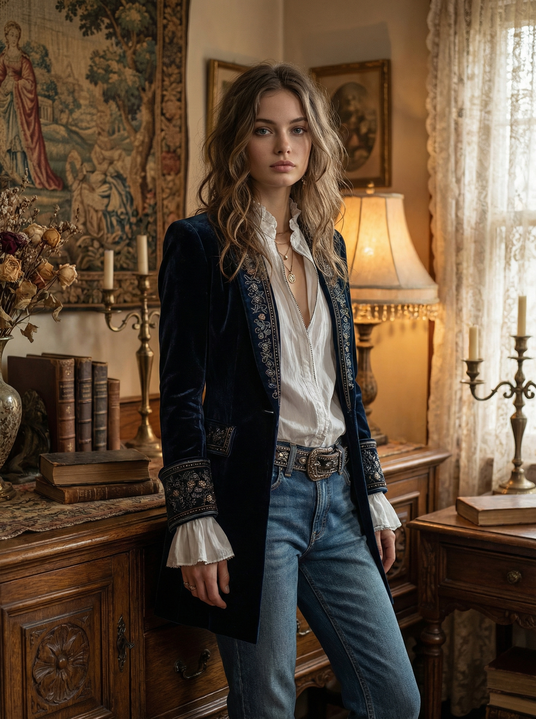 Vintage Long-sleeved Patchwork Lace Gold Velvet Jacket