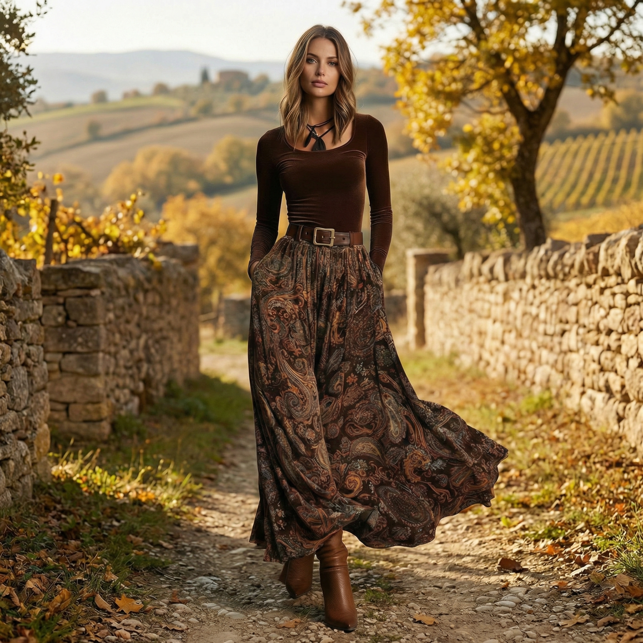 Vintage Printed Velvet Belted Maxi Dress