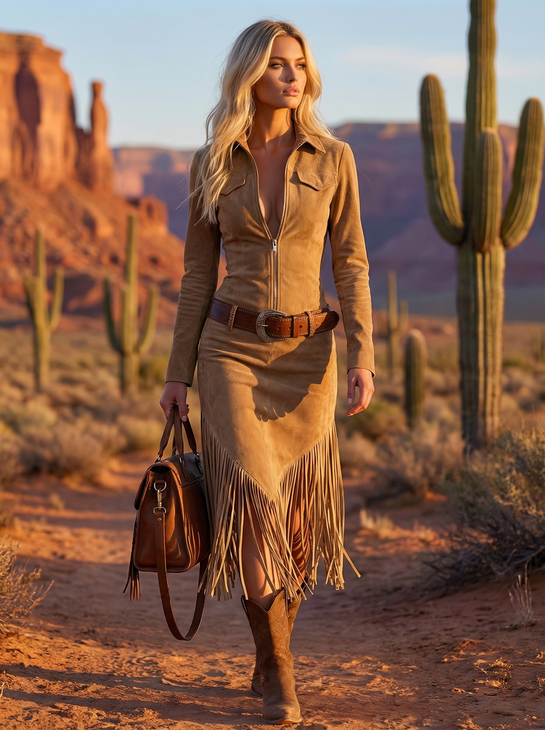 Vintage Western Denim Style Suede Fringed Slim Fit Dress