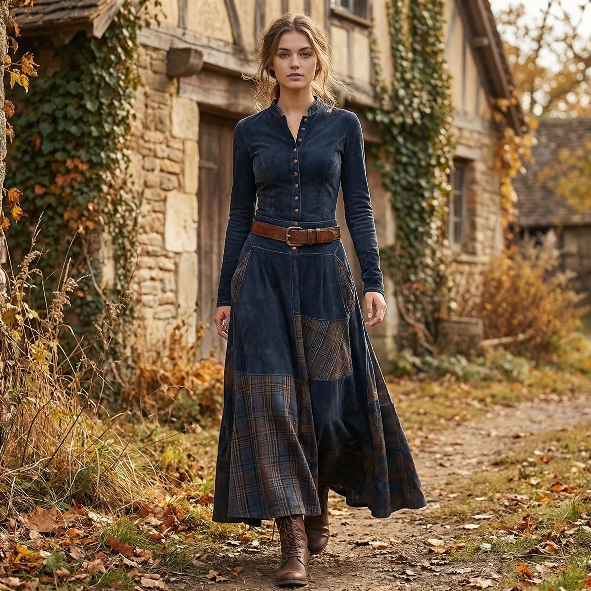 Vintage Patchwork Loose Elastic Long-sleeved Maxi Dress