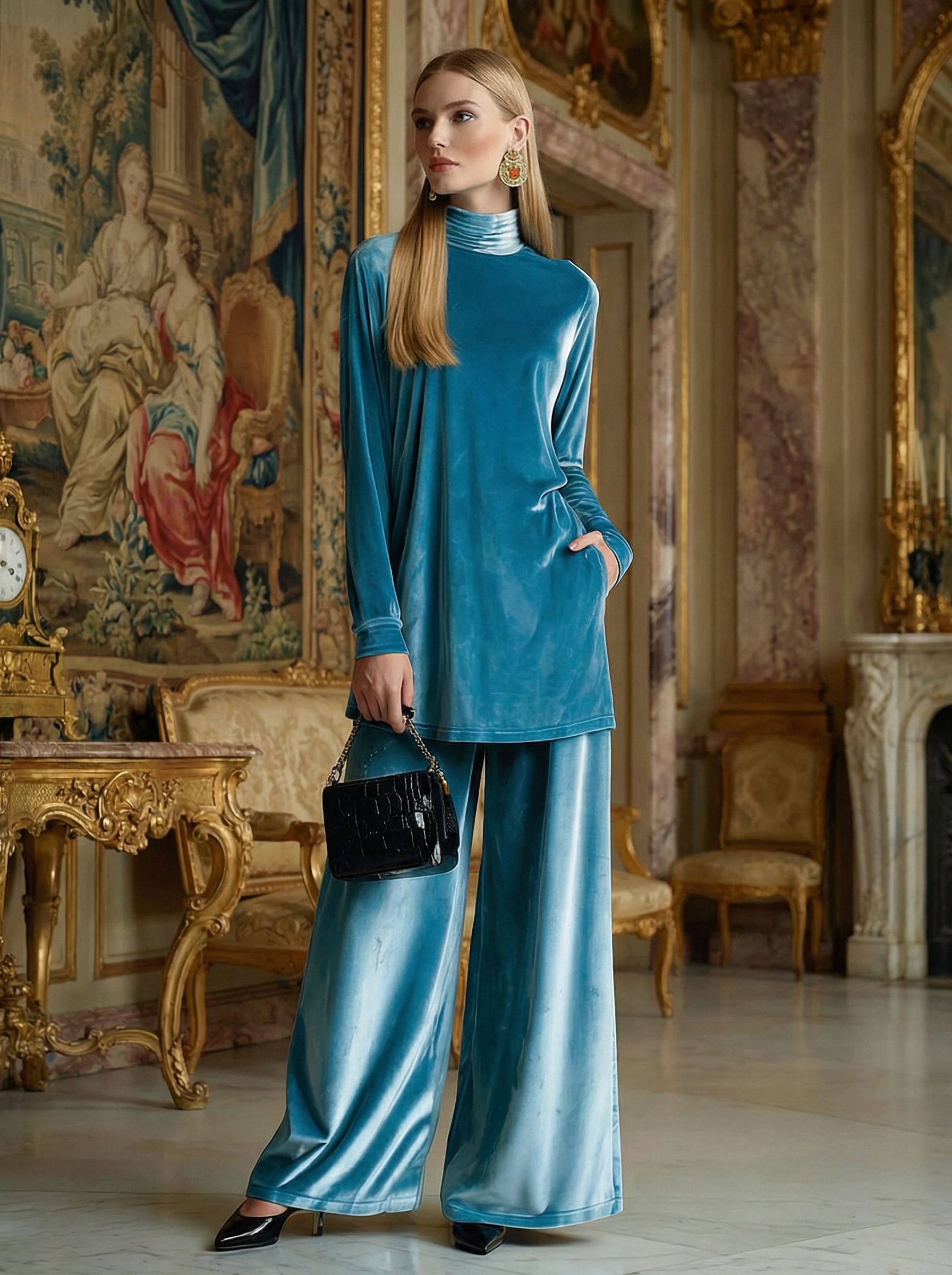 Classy Velvet Turtleneck Slit Top & Wide Leg Pants Set