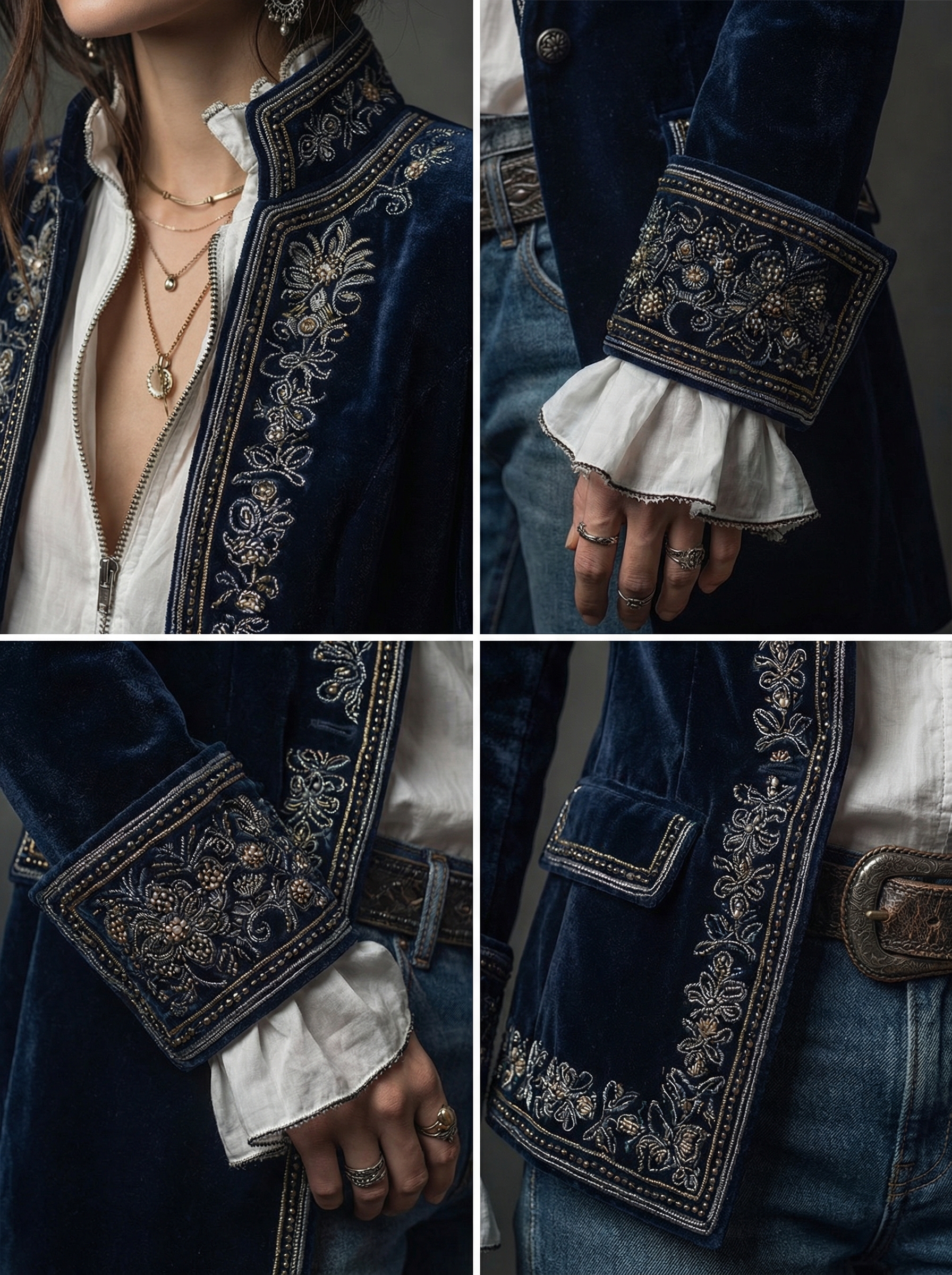 Vintage Long-sleeved Patchwork Lace Gold Velvet Jacket