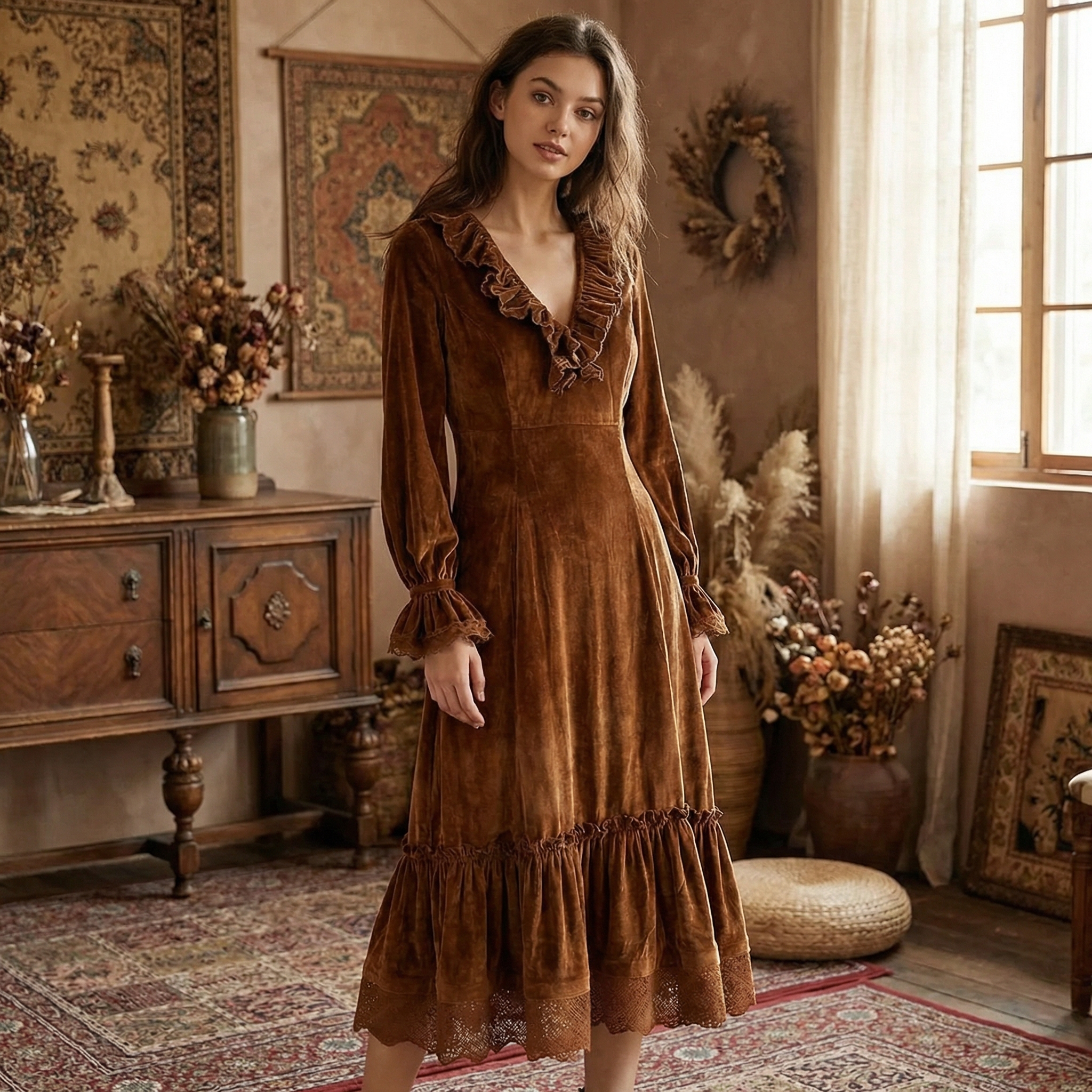Vintage Lace Spliced ​​lantern Sleeve Ruffled Velvet Midi Dress