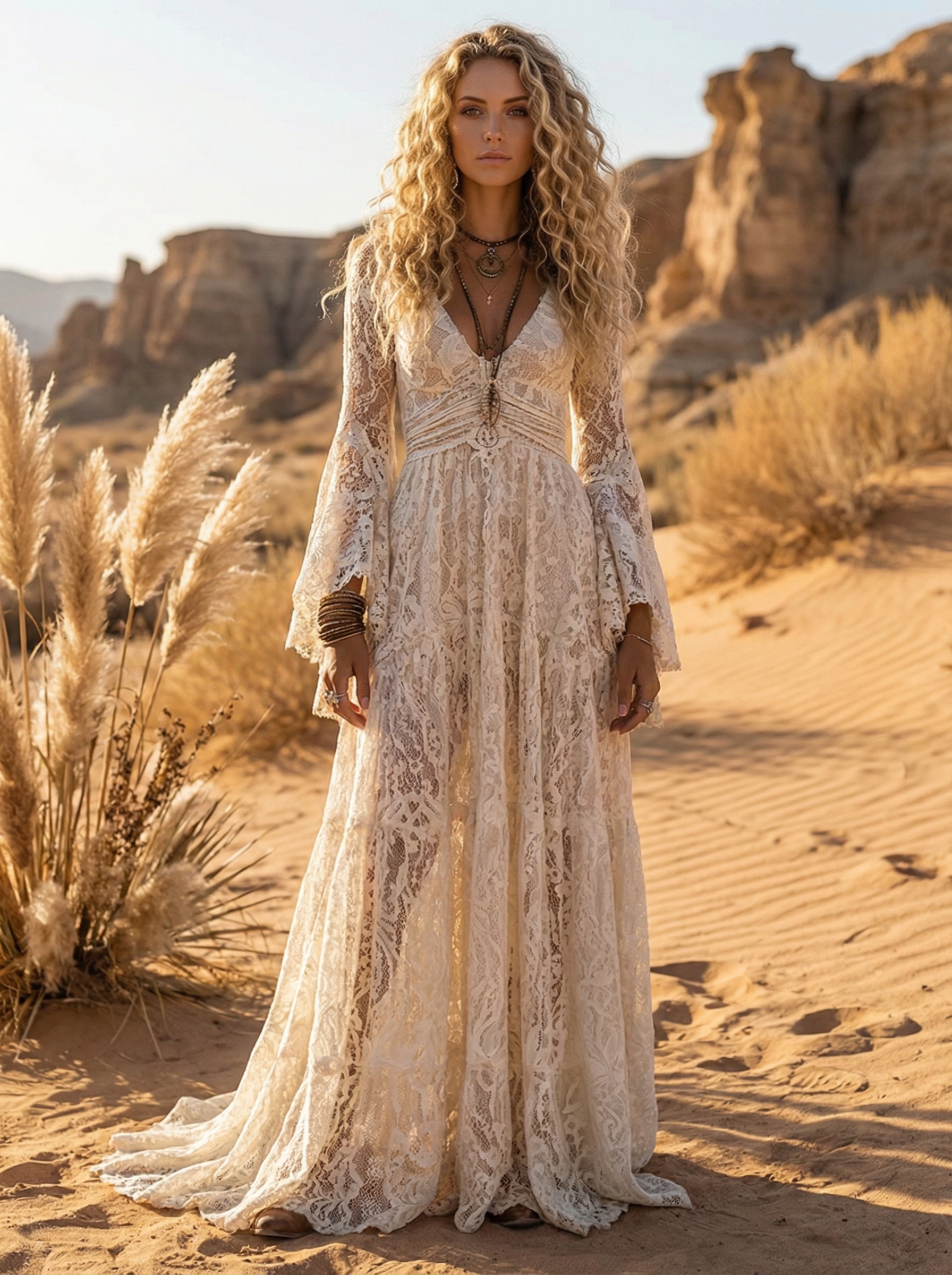 Women's Bohemian Lace V-neck Maxi Dress