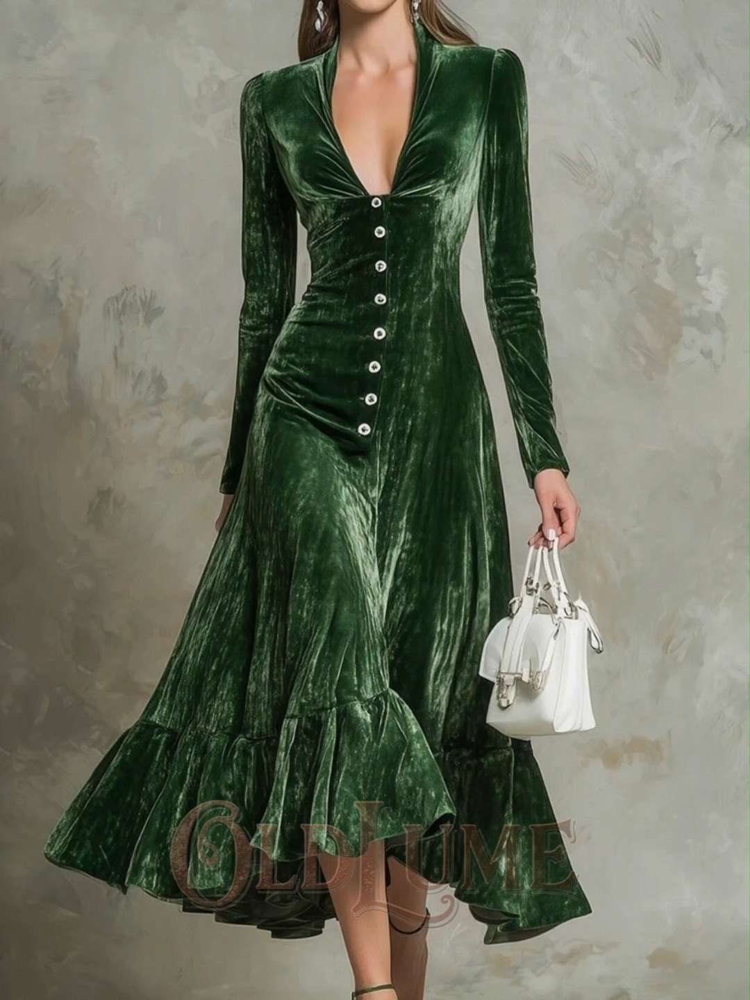 Vintage Elegant Solid Color Button-down Collar Waist Cinching Midi Dress