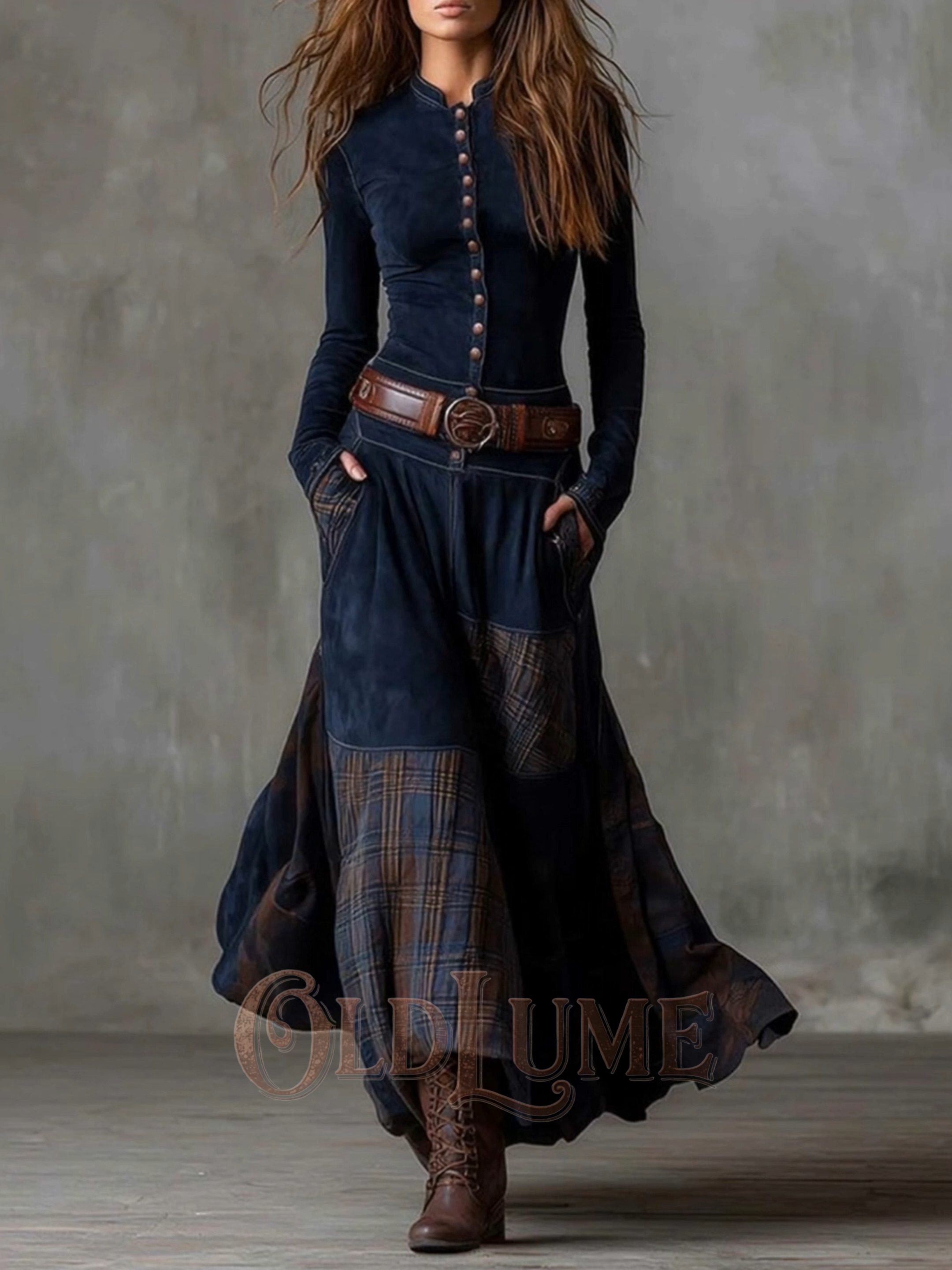Vintage Patchwork Loose Elastic Long-sleeved Maxi Dress