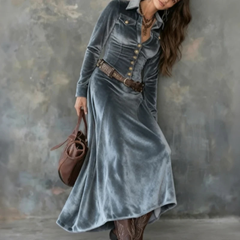 Vintage Velvet Flowy With Belt Maxi Dress