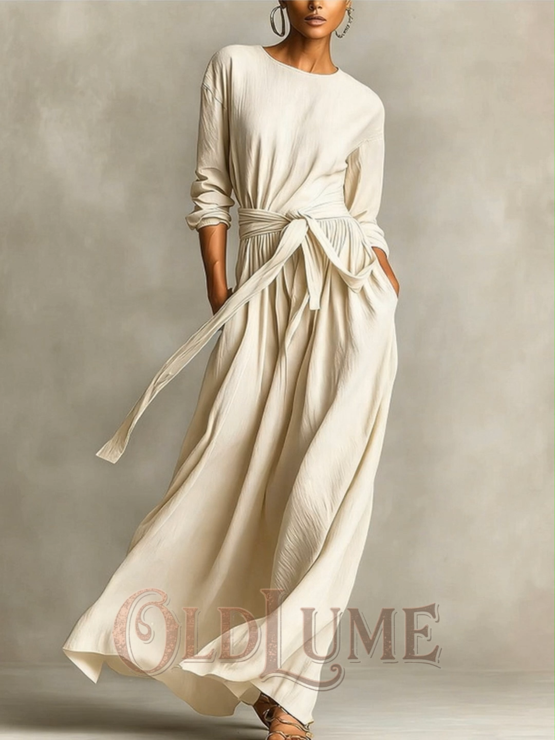 Vintage Lace-up Design Cotton And Linen Flowy Dress