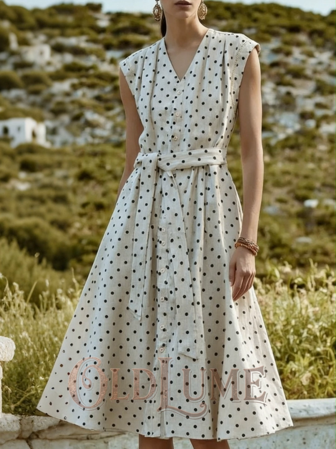 Retro Polka Dot V Neck Sleeveless Linen Maxi Dress