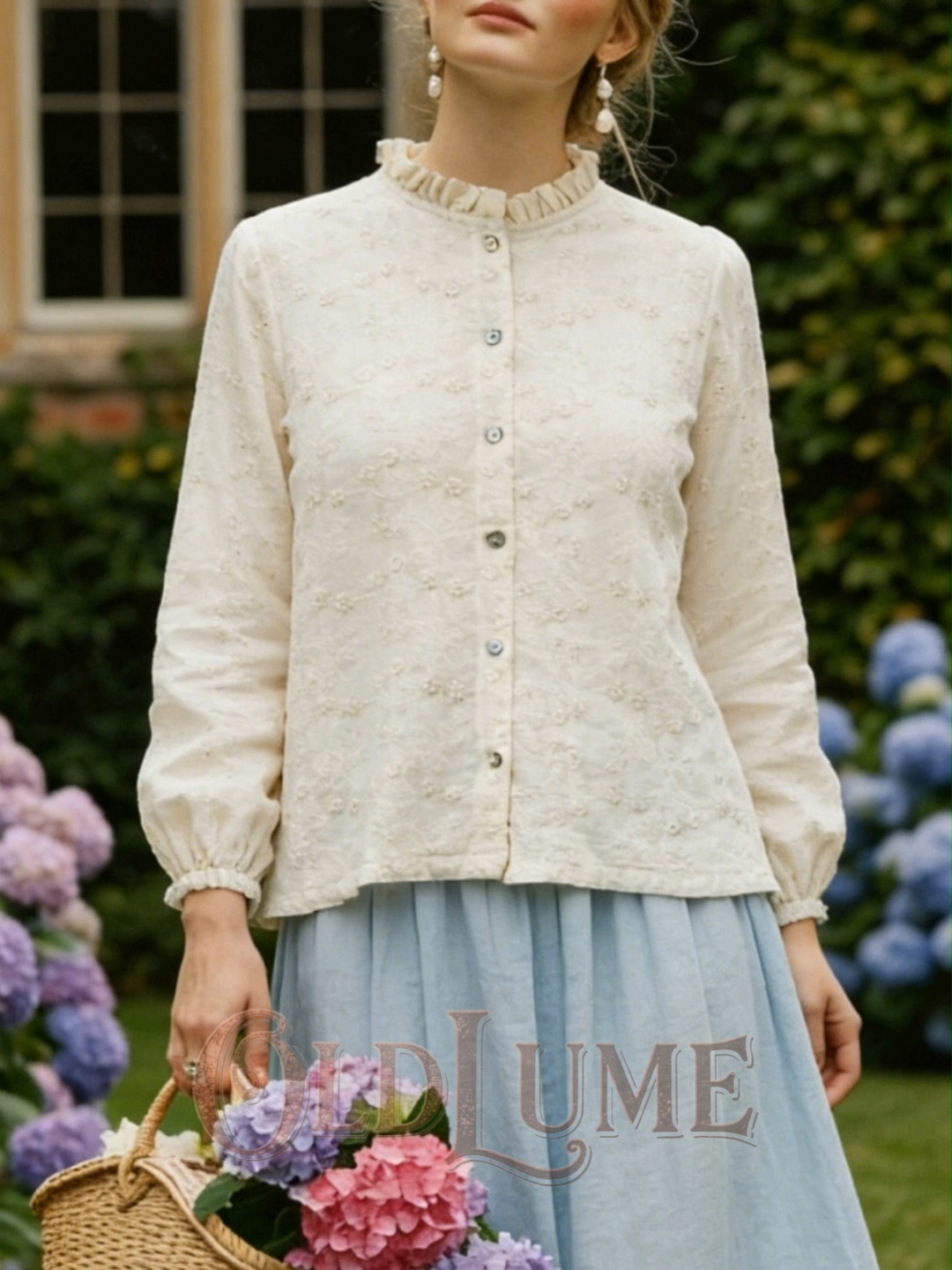 Vintage Embroidered Ruffled Collar Linen Shirt