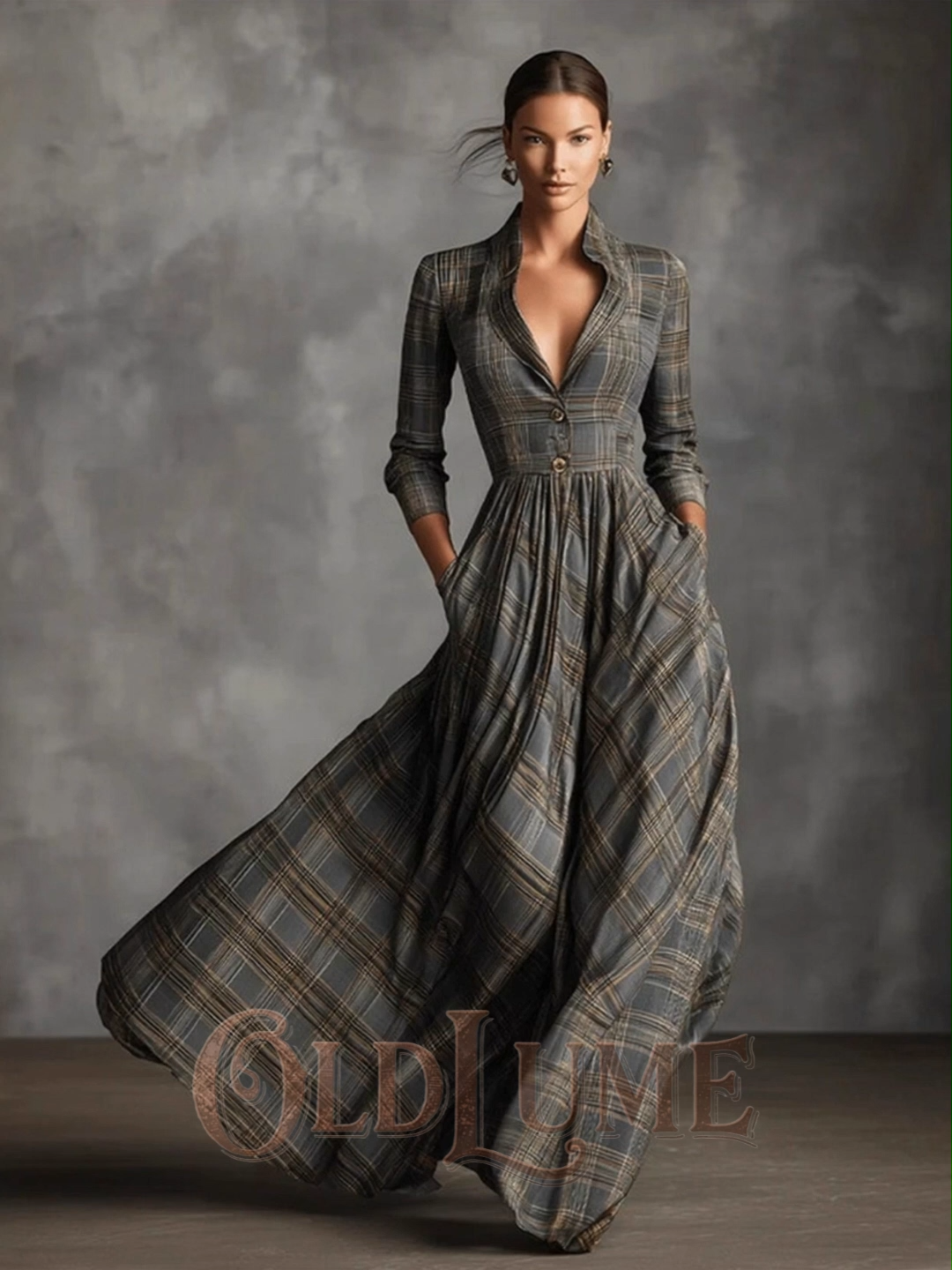 Vintage Plaid French Style Large Hem V-neck Maxi Dress