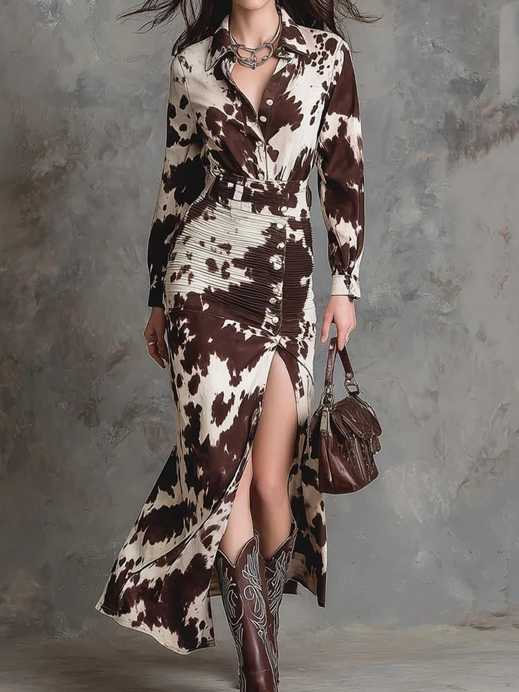 Vintage Western Cow Print Shirt Irregular Dress