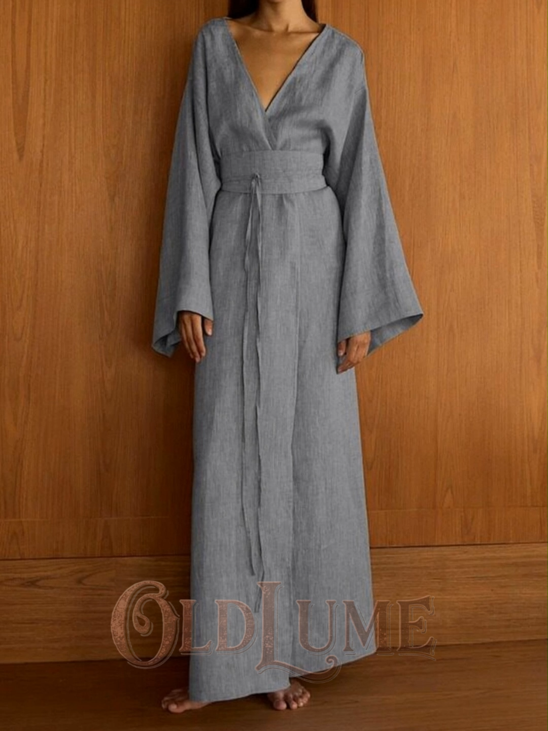 Vintage Cross-over Design V-neck Cotton Linen Dress