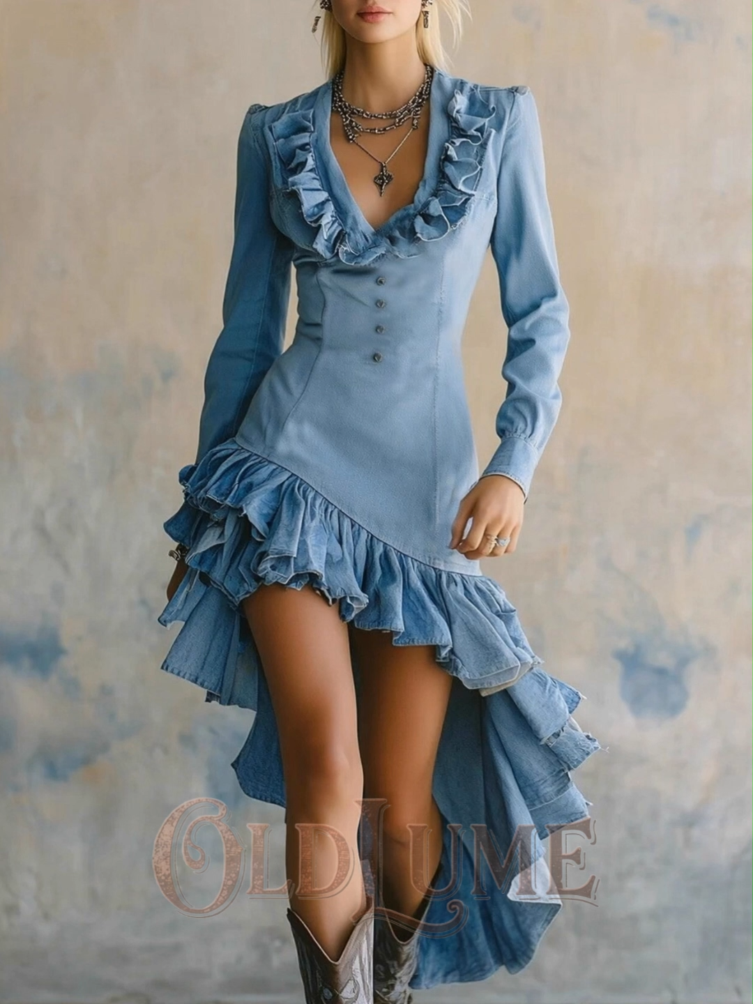 Retro Western Style Ruffled No-wash Denim Dress
