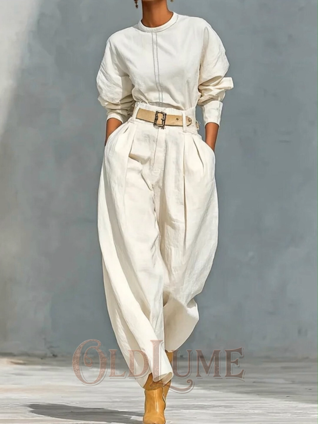 Simple Loose Top And Harem Wide-leg Pants Two-piece Set (with Belt)