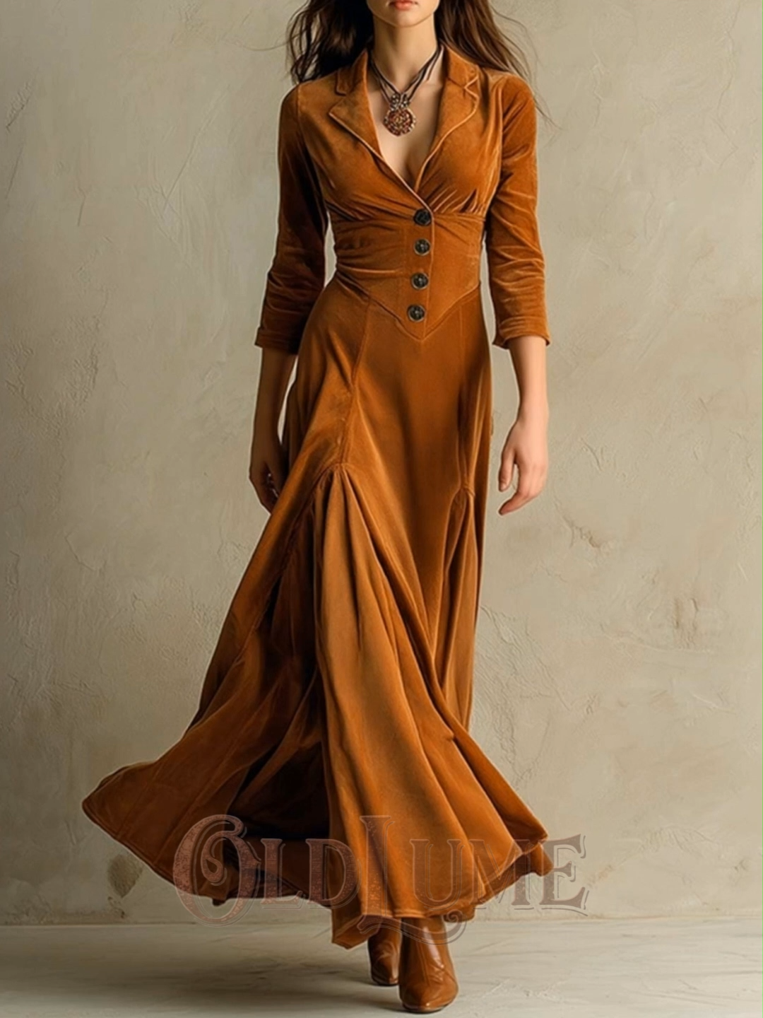 Vintage Solid Color Button Lapel Velvet Maxi Dress