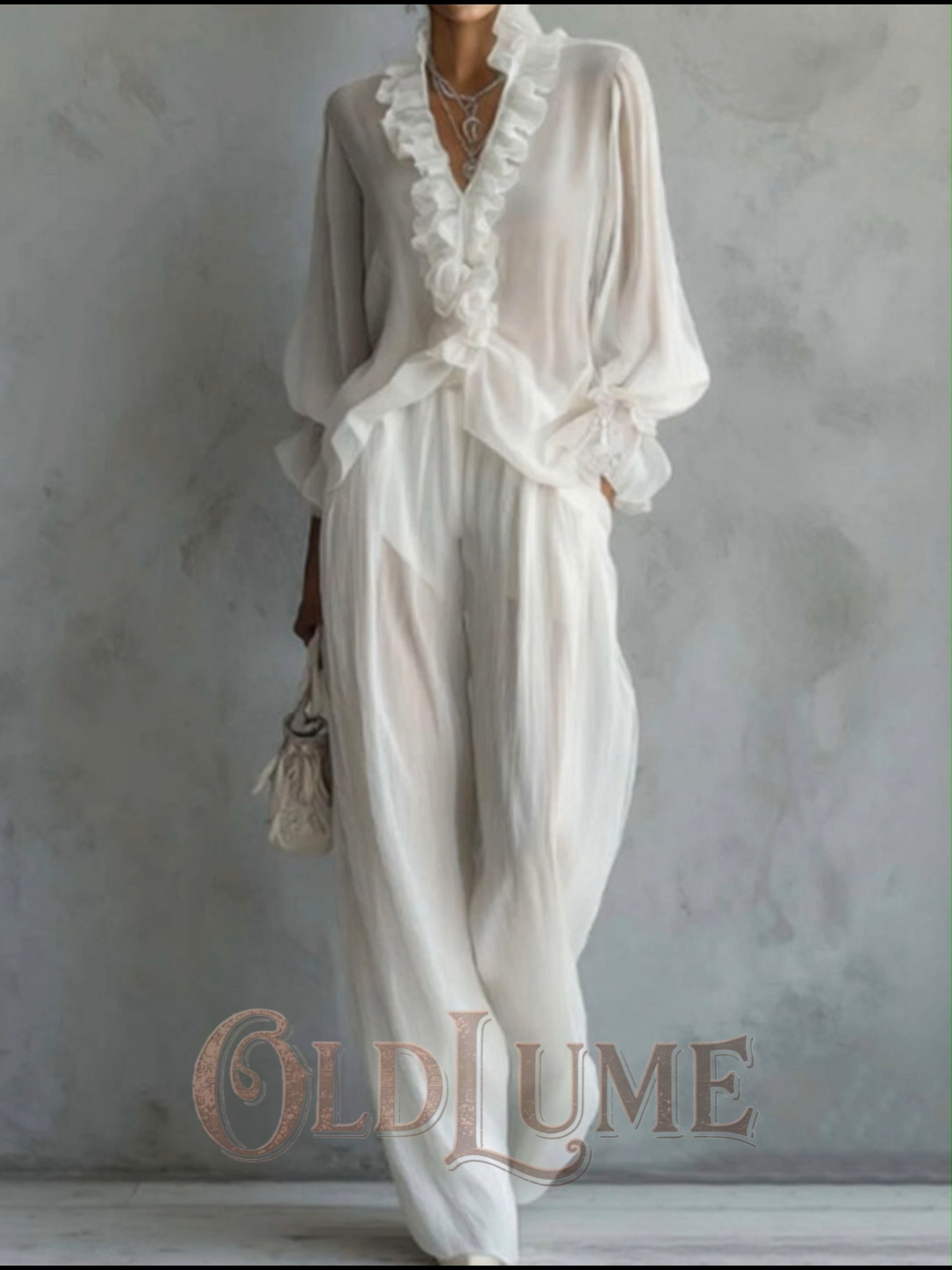 Elegant Lace Long-sleeved Shirt And Wide-leg Pants Set