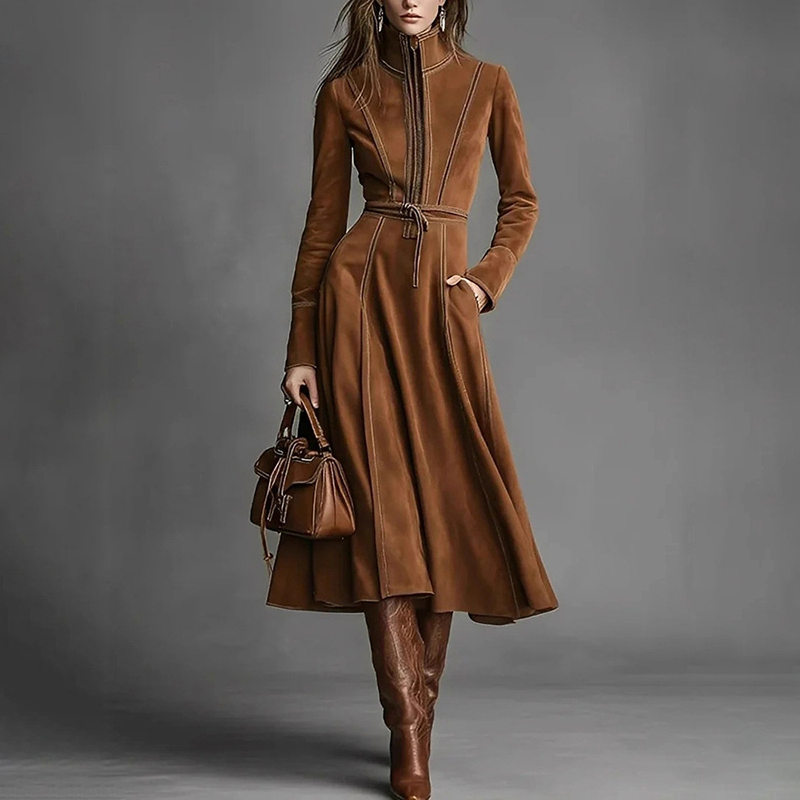 Vintage Suede Zip Waist Tie Midi Dress