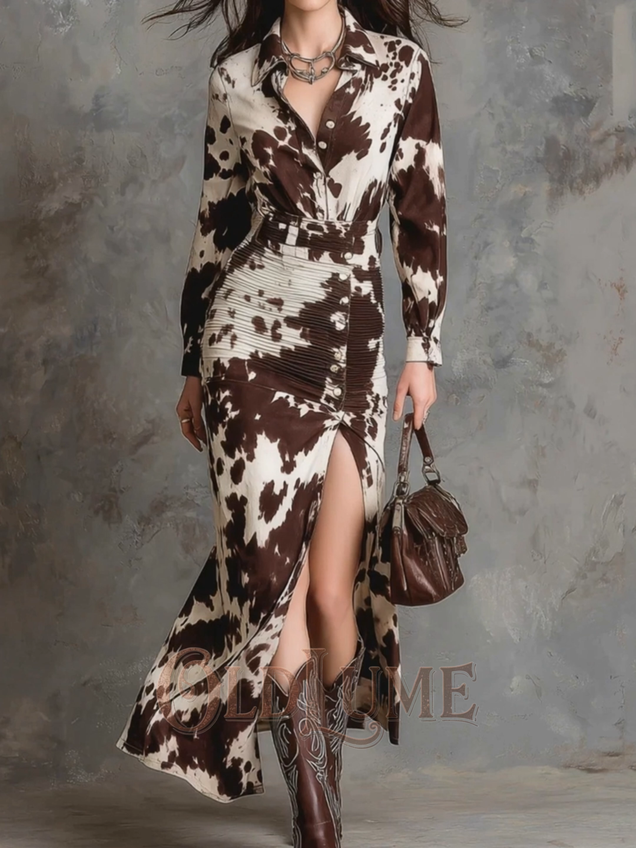 Vintage Western Cow Print Shirt Irregular Dress