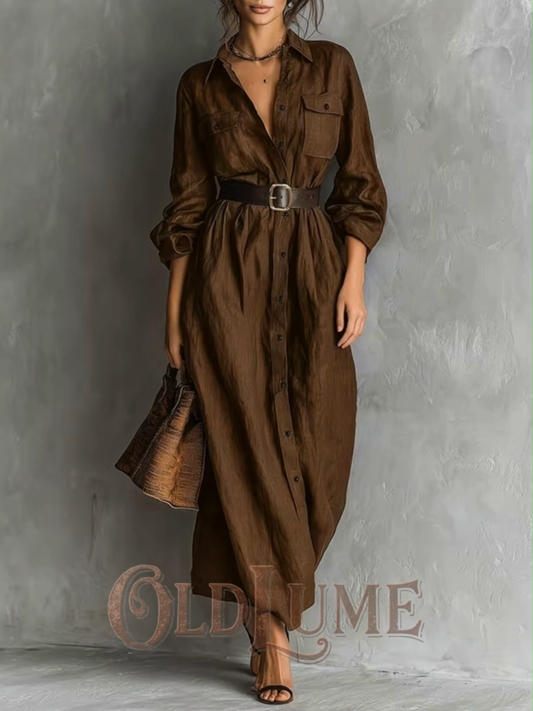 Vintage Workwear Style Loose Long Waisted Shirt Dress (with Belt)