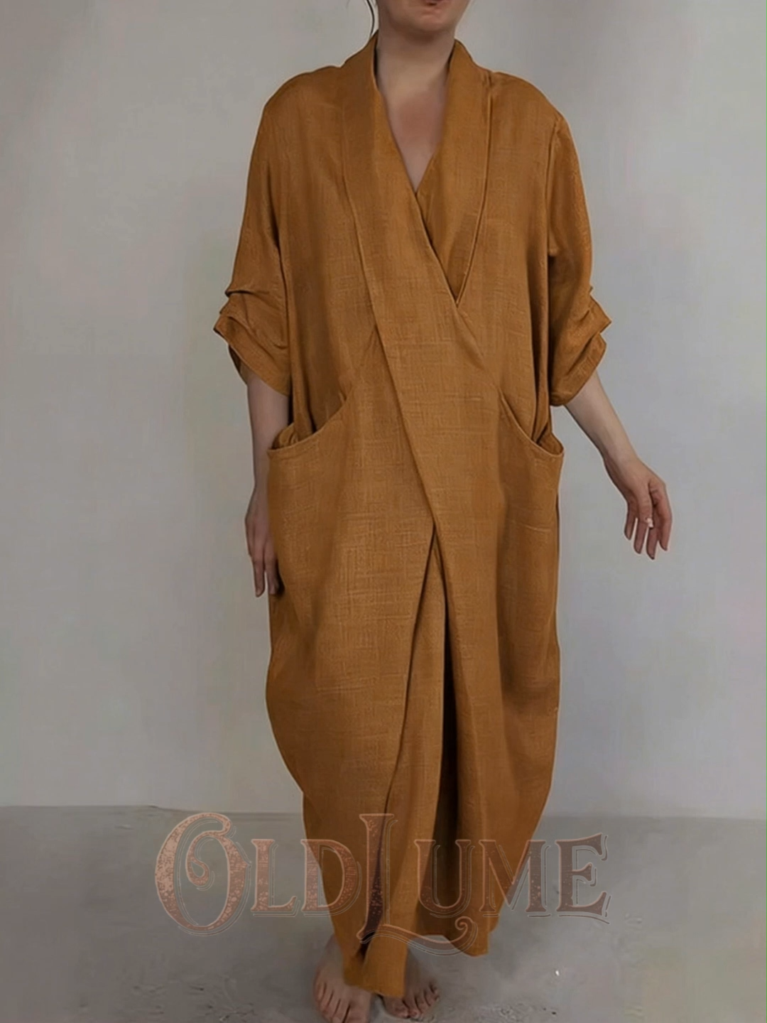 Retro Monk's Robe-style V-neck Cotton Linen Dress
