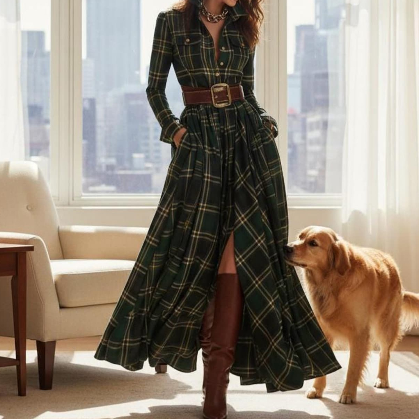 Vintage Green Plaid Inspired Belted Cottagecore Autumn Winter Long Sleeve Button-up Shirt Maxi Dress