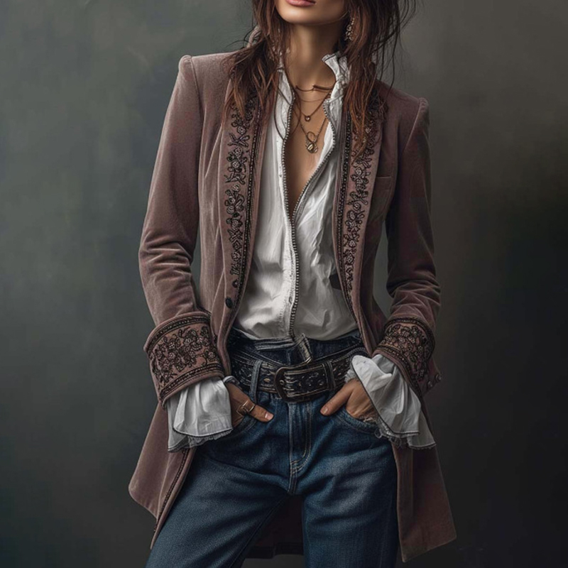 Vintage Long-sleeved Patchwork Lace Gold Velvet Jacket