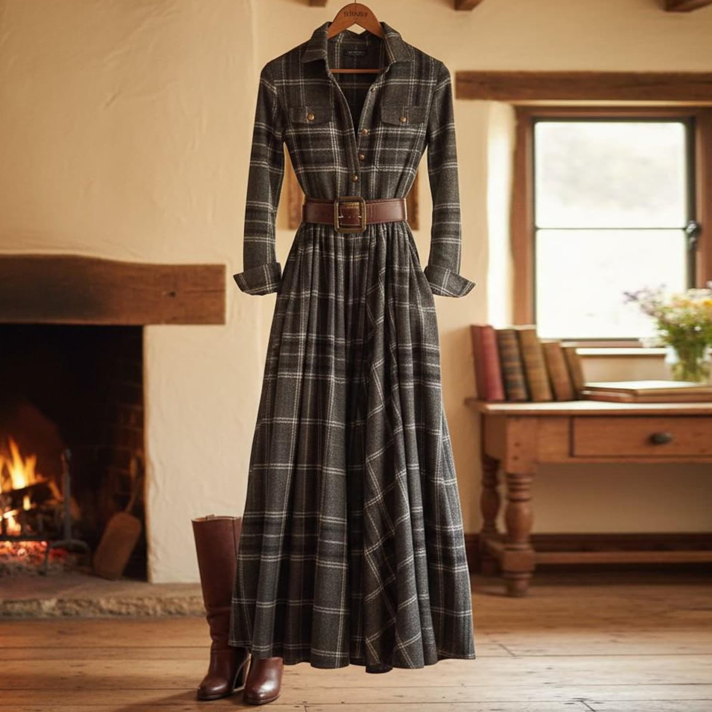 Vintage Khaki Plaid Inspired Belted Cottagecore Autumn Winter Long Sleeve Button-up Shirt Maxi Dress