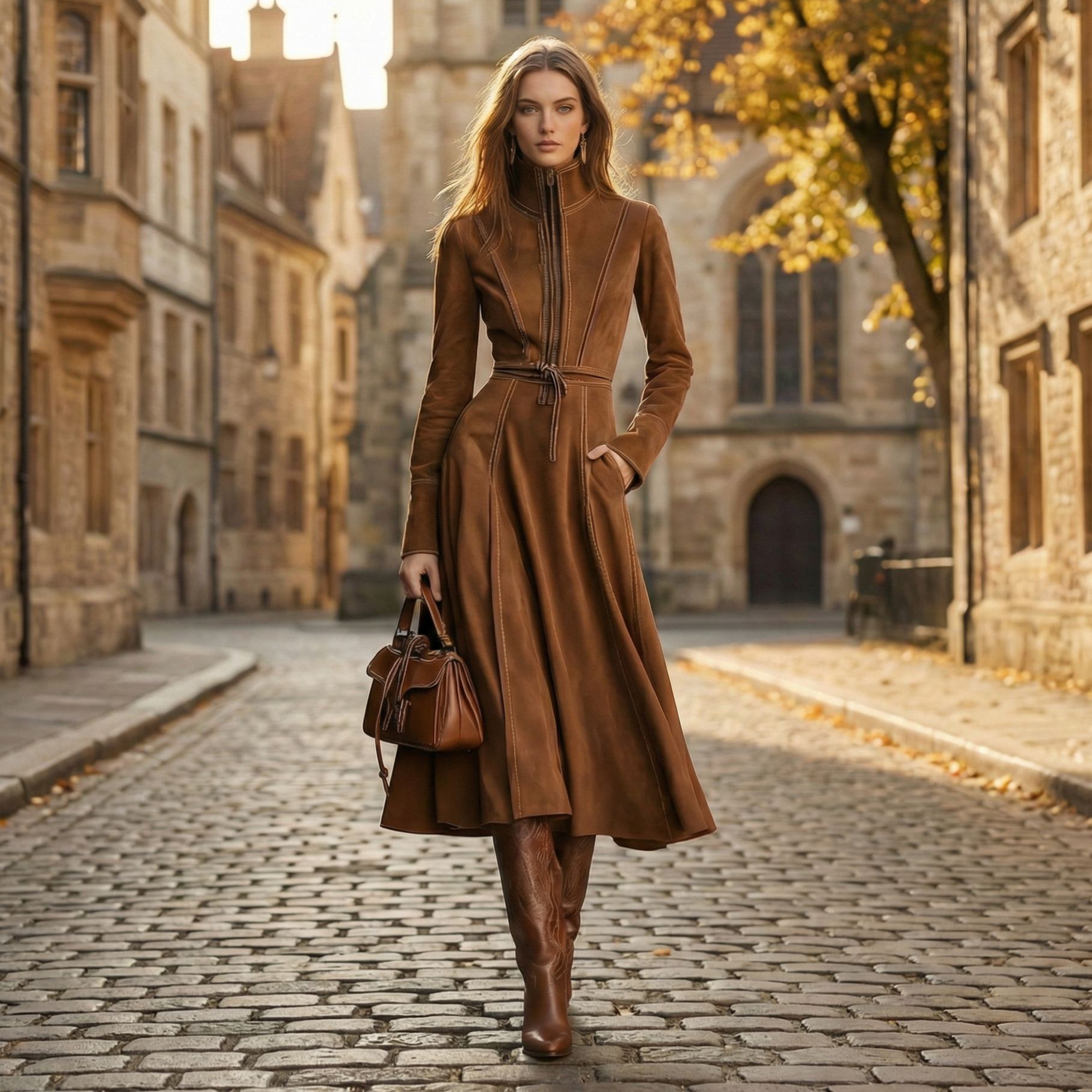 Vintage Suede Zip Waist Tie Midi Dress