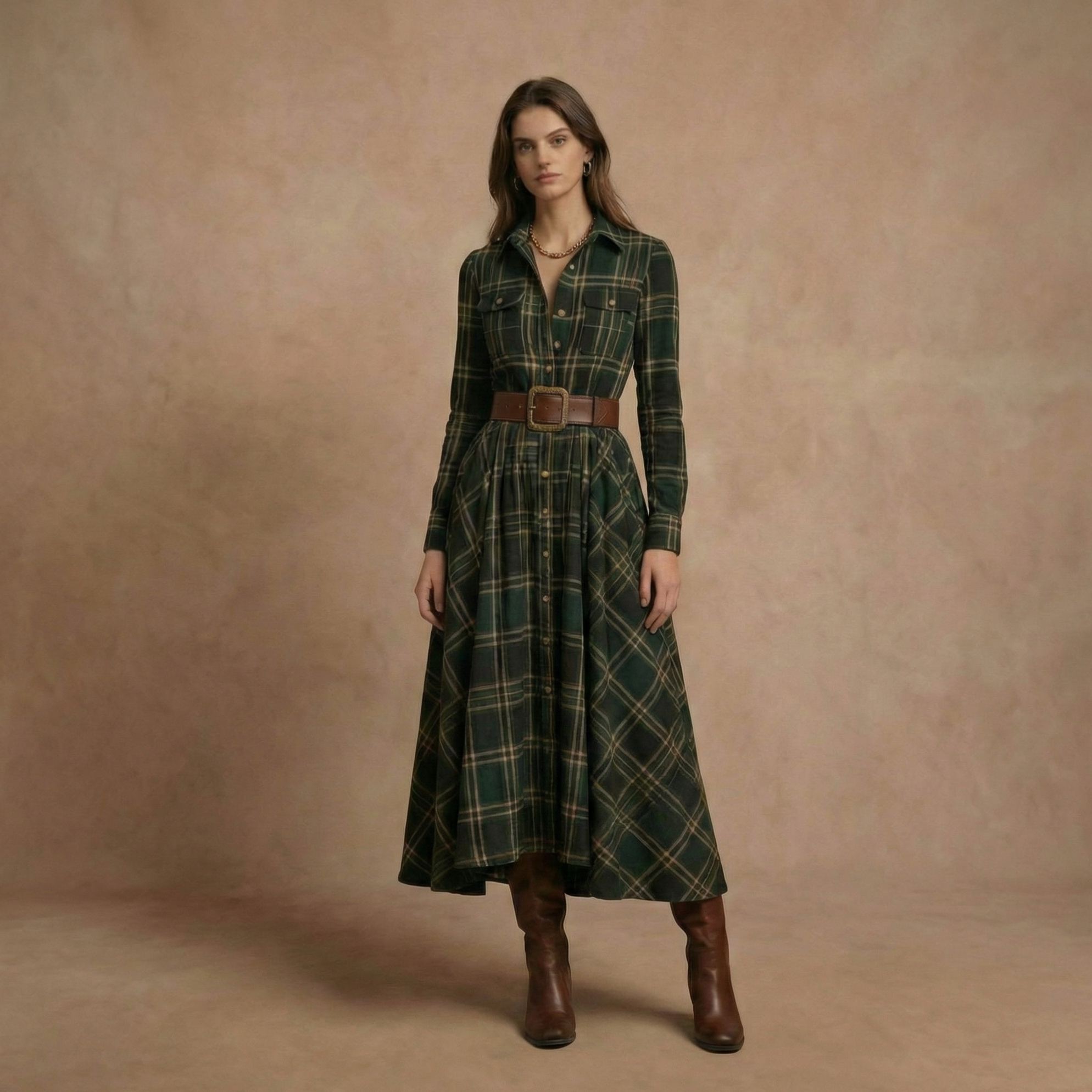 Vintage Green Plaid Inspired Belted Cottagecore Autumn Winter Long Sleeve Button-up Shirt Maxi Dress