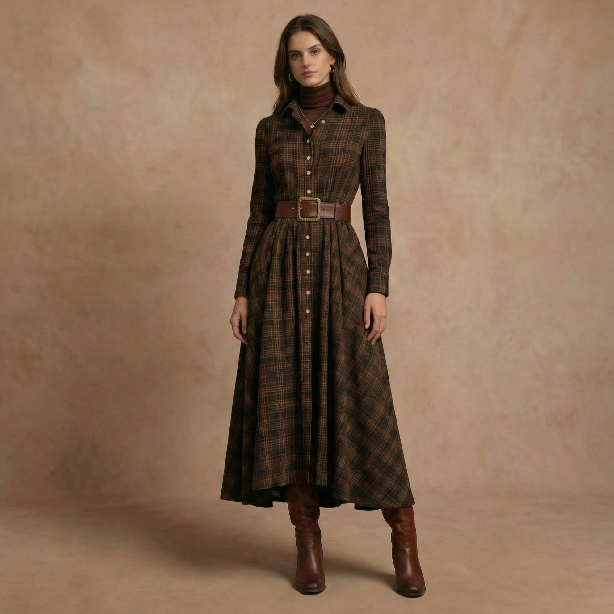 Vintage Plaid Inspired Autumn Winter Long Sleeve Button-up Shirt Maxi Dress