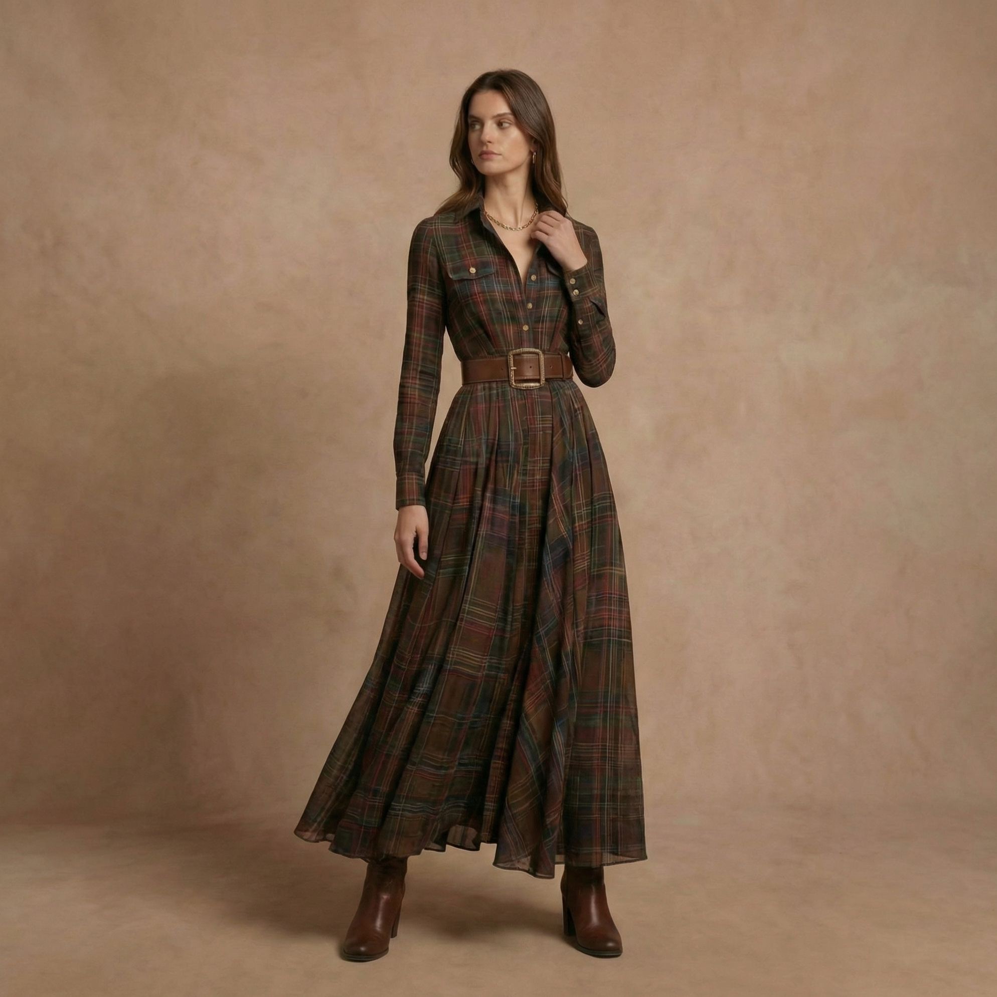 Vintage Plaid Inspired  Belted Cottagecore Autumn Winter Long Sleeve Button-up Shirt Maxi Dress