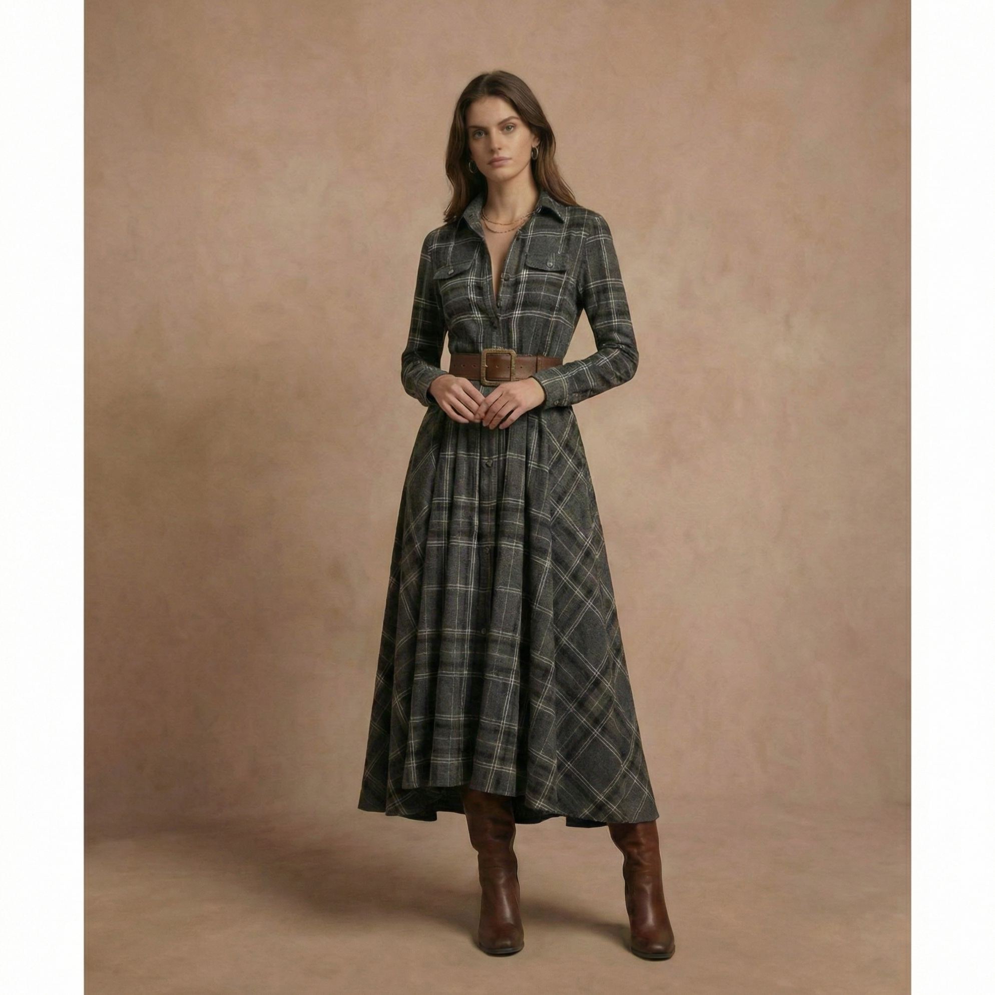Vintage Khaki Plaid Inspired Belted Cottagecore Autumn Winter Long Sleeve Button-up Shirt Maxi Dress