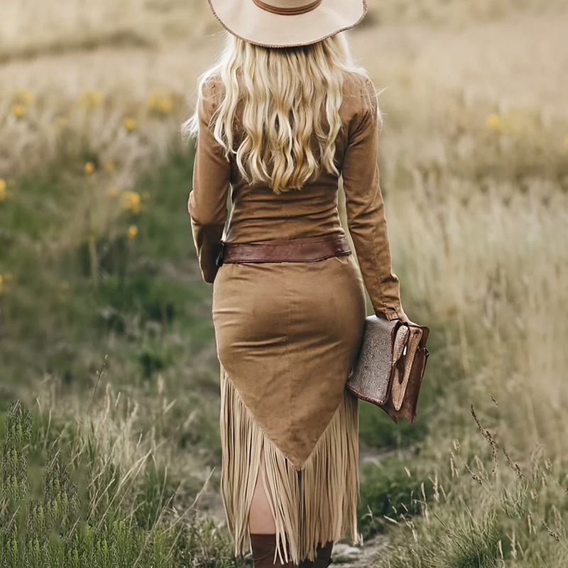 Vintage Western Denim Style Suede Fringed Slim Fit Dress