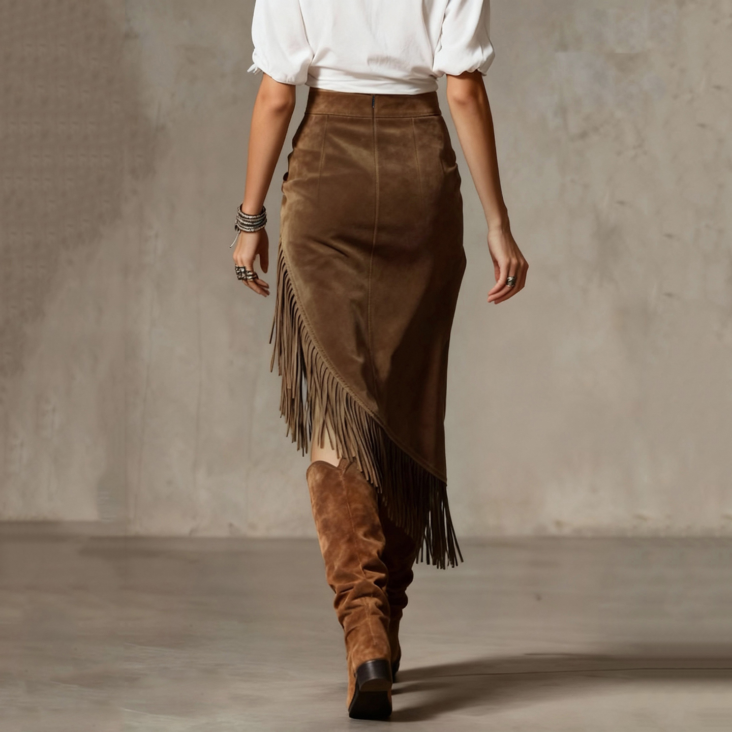 Vintage Western Fringed Hem Irregular Suede Skirt