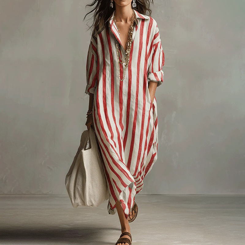 Women's Casual Striped Cotton Linen Maxi Shirt Dress