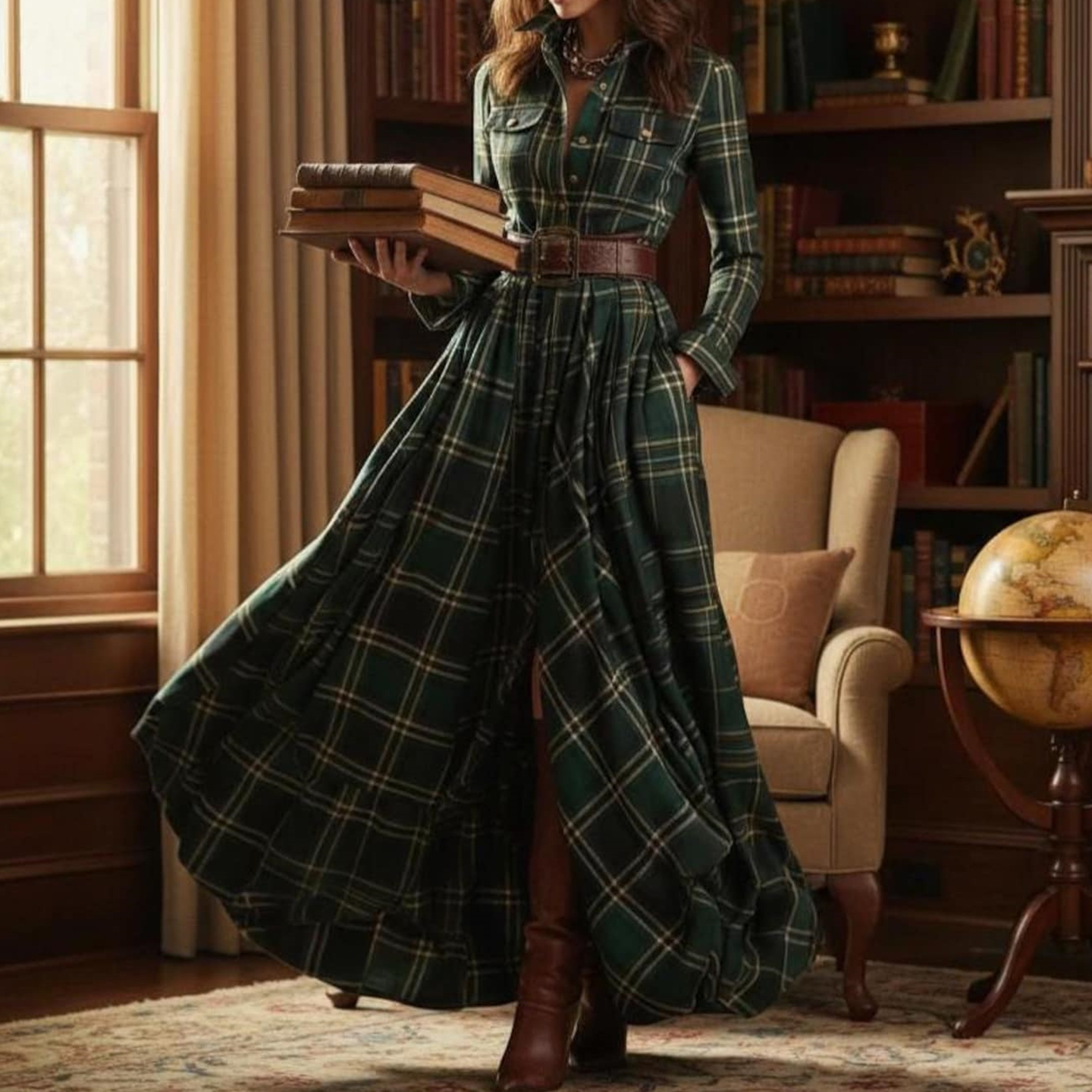 Vintage Green Plaid Inspired Belted Cottagecore Autumn Winter Long Sleeve Button-up Shirt Maxi Dress