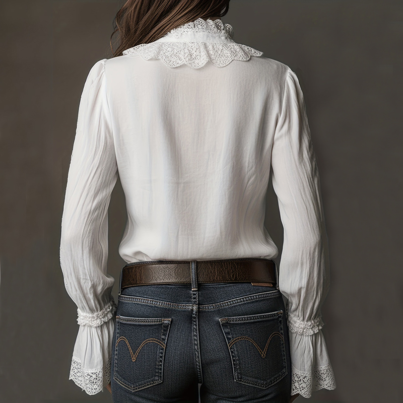 Women's Retro Lace Cotton And Linen Long-sleeved Shirt