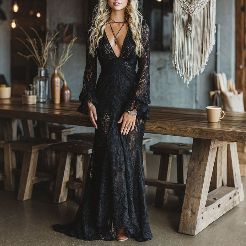 Women's Bohemian Lace V-neck Maxi Dress