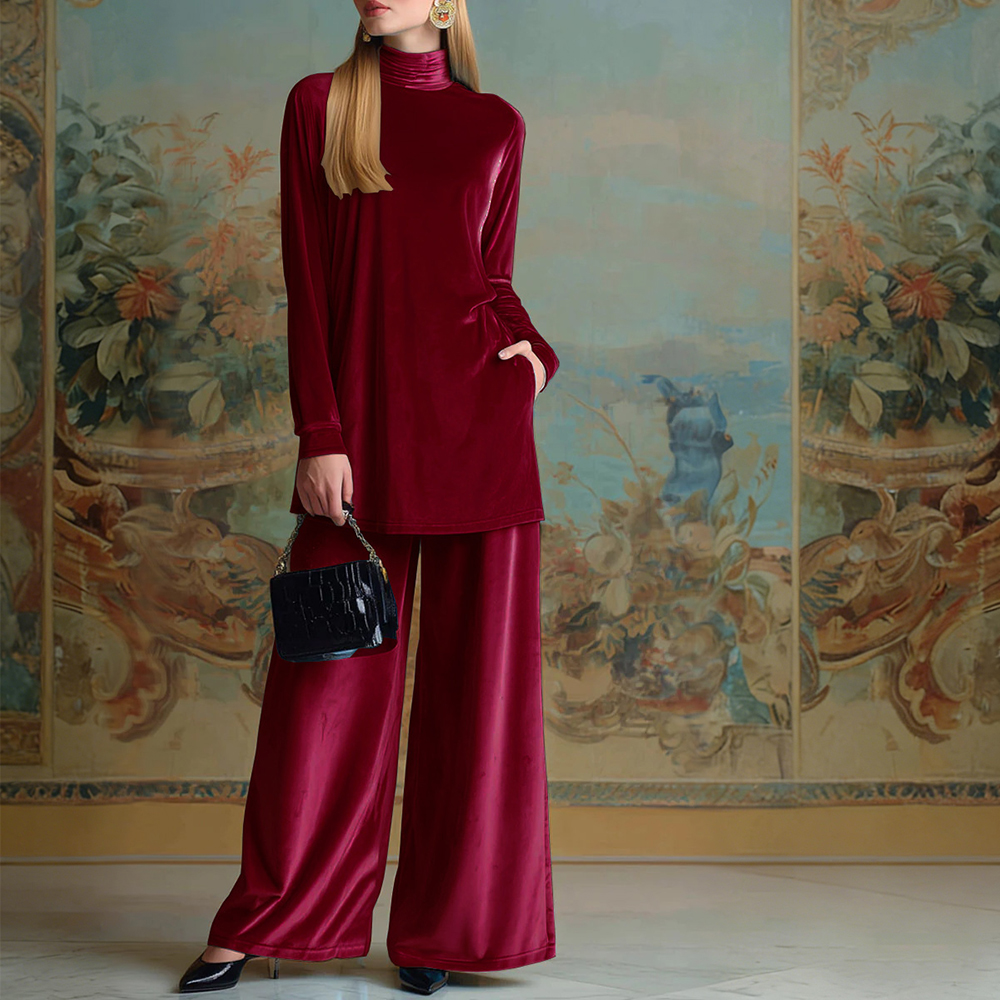Classy Velvet Turtleneck Slit Top & Wide Leg Pants Set
