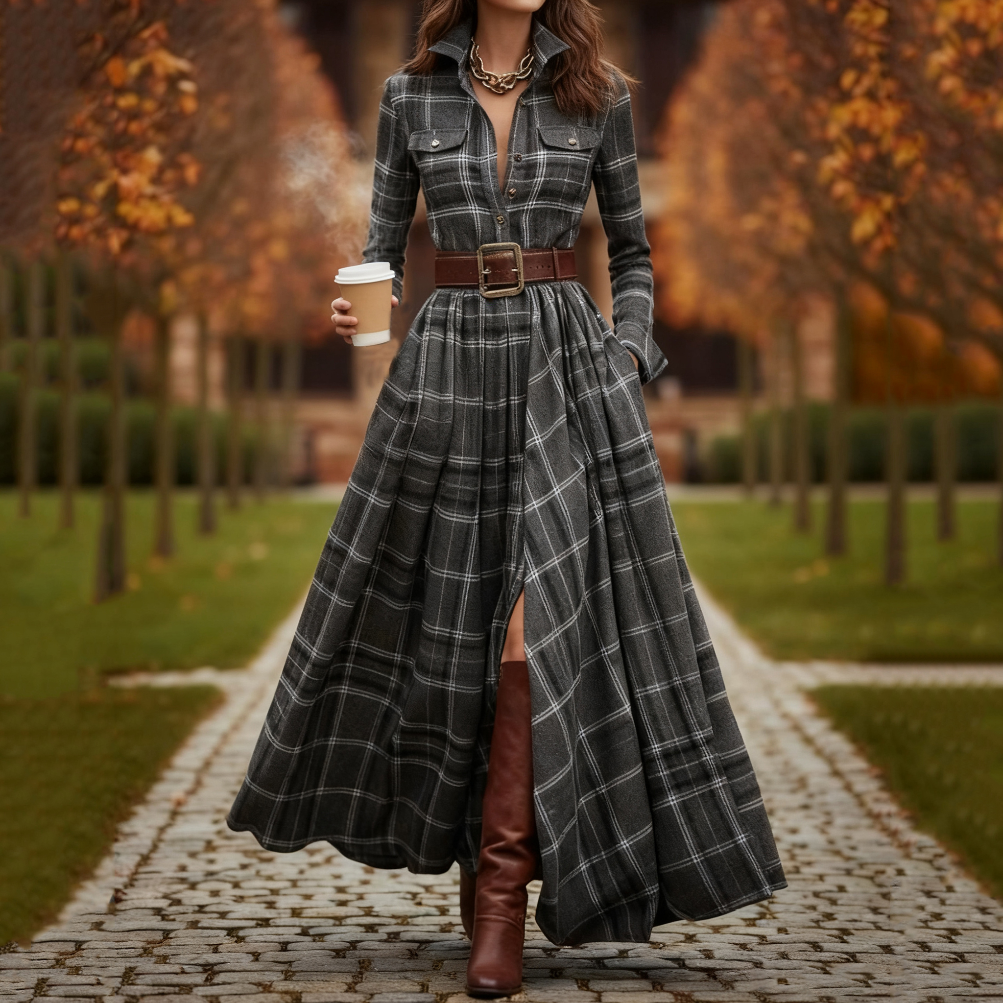 Vintage Khaki Plaid Inspired Belted Cottagecore Autumn Winter Long Sleeve Button-up Shirt Maxi Dress
