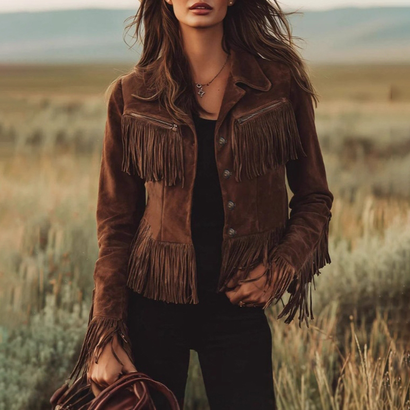 Vintage Solid Lapel Slim Fit Fringed Suede Jacket