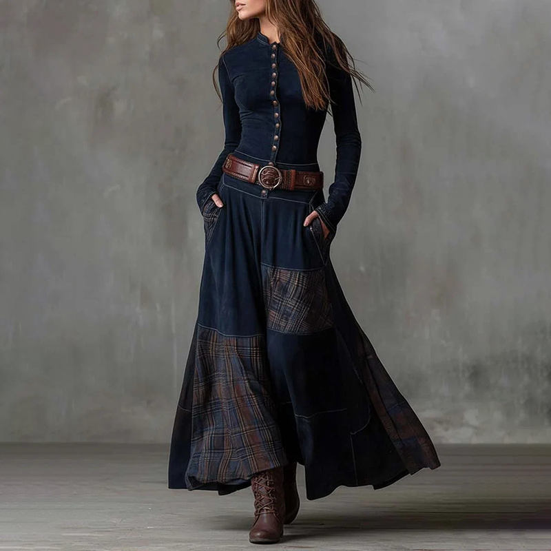 Vintage Patchwork Loose Elastic Long-sleeved Maxi Dress