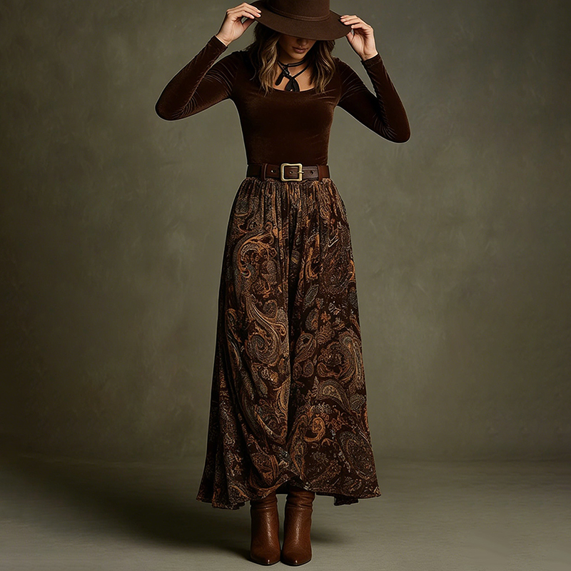 Vintage Printed Velvet Belted Maxi Dress