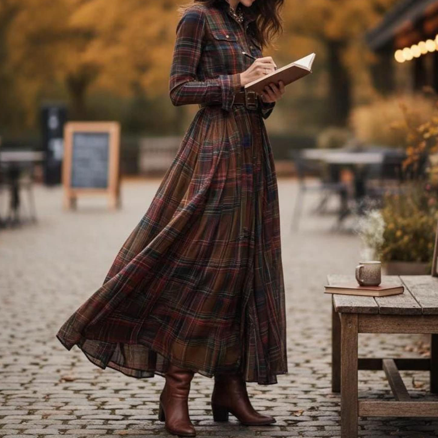 Vintage Plaid Inspired  Belted Cottagecore Autumn Winter Long Sleeve Button-up Shirt Maxi Dress